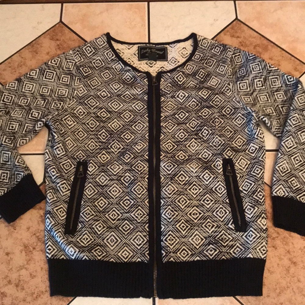 Lucky brand black and white zip‎ up bomber sweater